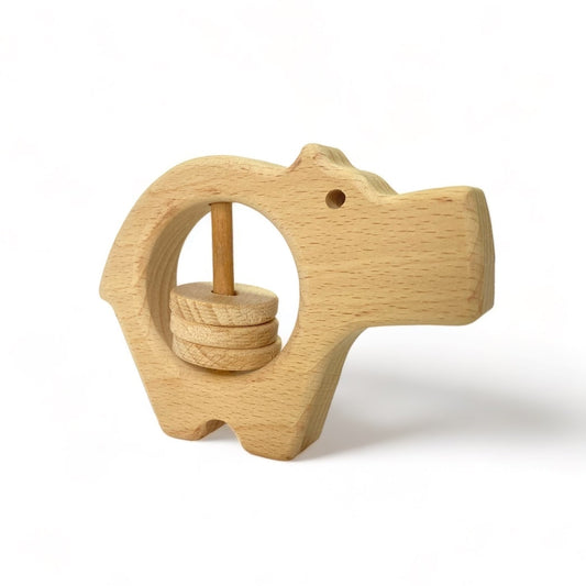 Adorable Timmy Toys Hippo Baby Rattle crafted from natural beech wood, featuring three charming discs that create soothing sounds, perfect for stimulating your baby's senses and aiding motor skill development.