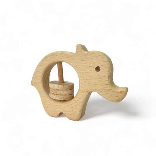 Adorable wooden elephant baby rattle crafted from natural beech wood, featuring three charming rattle discs that create soothing sounds, perfect for tiny hands to explore and enjoy.
