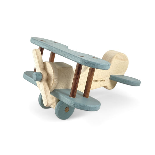 Handcrafted Timmy Toys Aeroplane Wooden Toy made from premium beechwood, featuring a child-safe design with smooth edges and a spinning propeller, perfect for sparking imaginative play in little aviators.