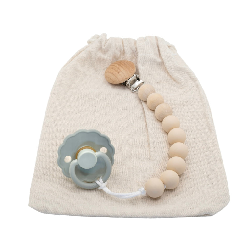 Elegant Ava & Bear Dummy Clip with a durable nylon cord, showcasing its handcrafted design and commitment to safety with BPA, Phthalates, Cadmium, PVC, and Lead-free materials, perfect for keeping your baby's dummy clean and close.