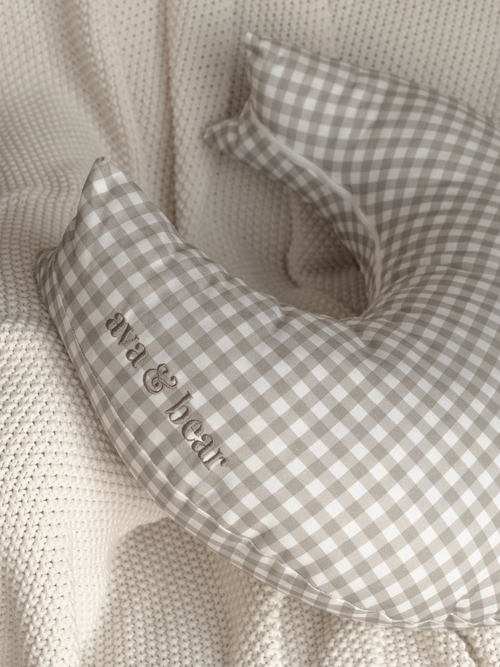 Ash Brown Gingham Crescent Nursing Cushion Ava & Bear