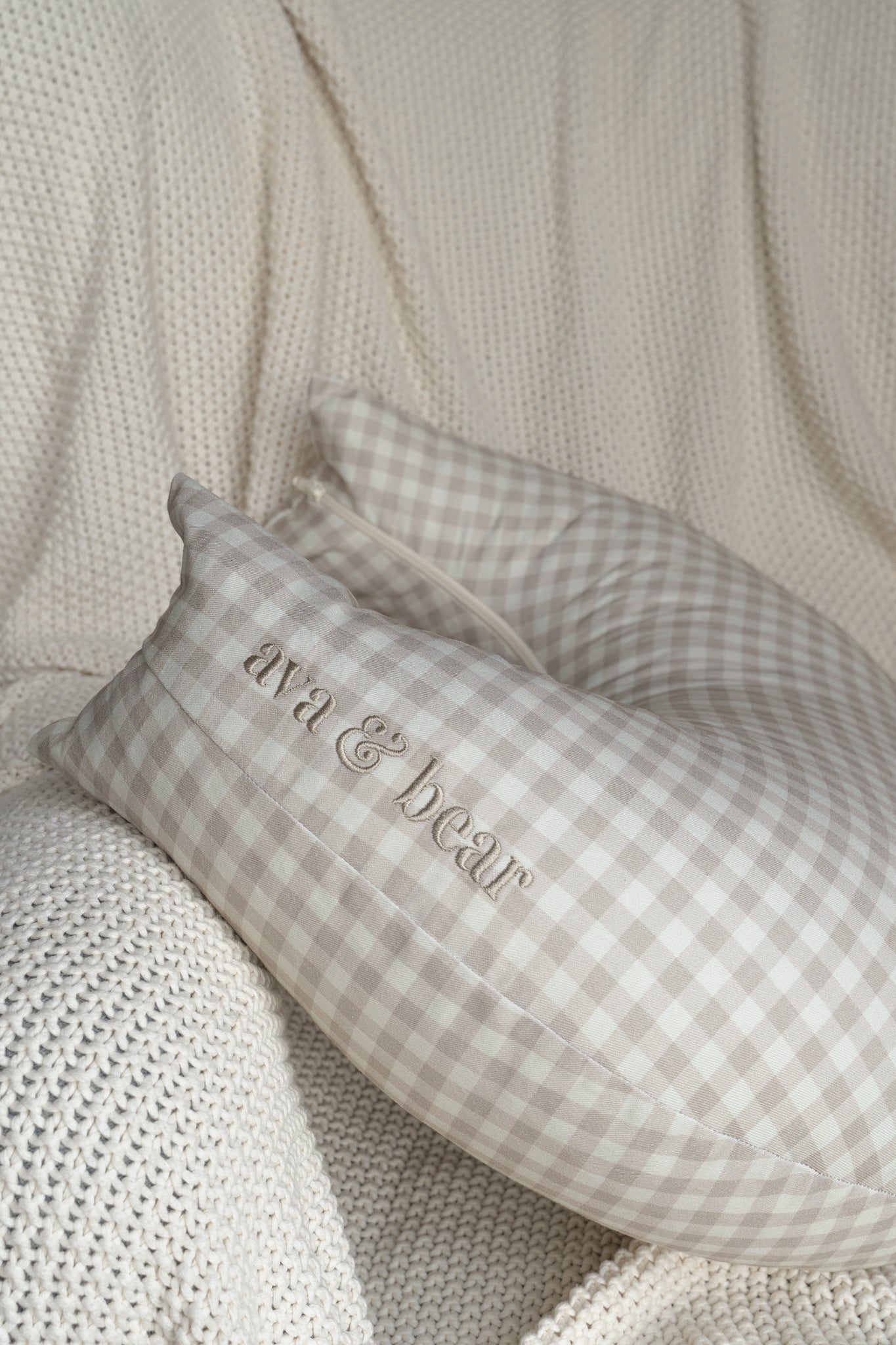 Pale Mauve Gingham Crescent Nursing Cushion