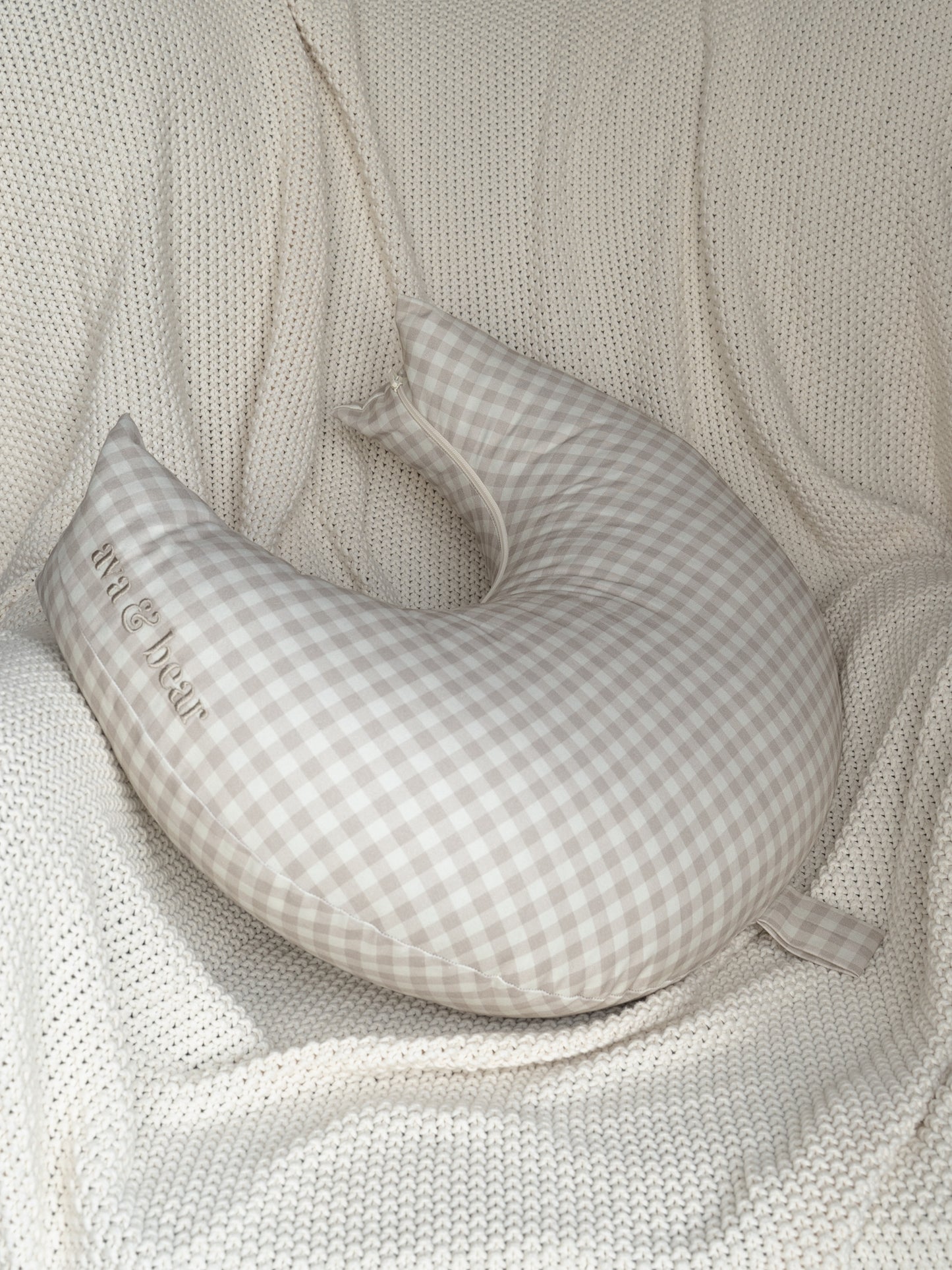 Pale Mauve Gingham Crescent Nursing Cushion